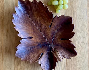 Vintage Hand Carved Wood Bowl: French Wine Leaf Dish, Rustic Decor