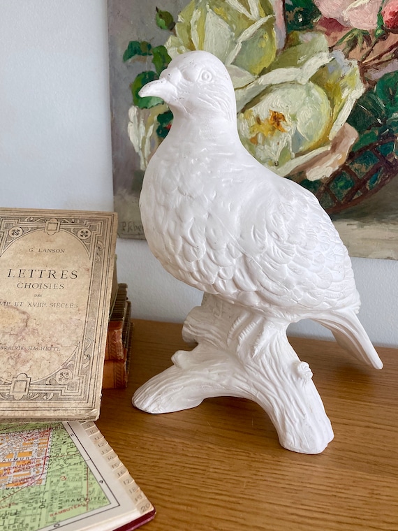 ヴィンテージ フランス製 陶器製 鳩：実物大 成型 白い鳥の