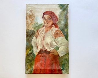 Antique French Original Oil Painting on Stretched Canvas of Woman, Unframed Original Female Portrait
