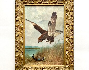 Peinture originale française ancienne signée par l'artiste, encadrée, scène de faune sauvage, chasse aux oiseaux de proie