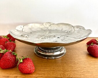 Vintage French Footed Plate in Pewter, Footed Platter with Art Nouveau Inspired Relief Decor of Insects, Pewter Serving Plate, Cake Stand
