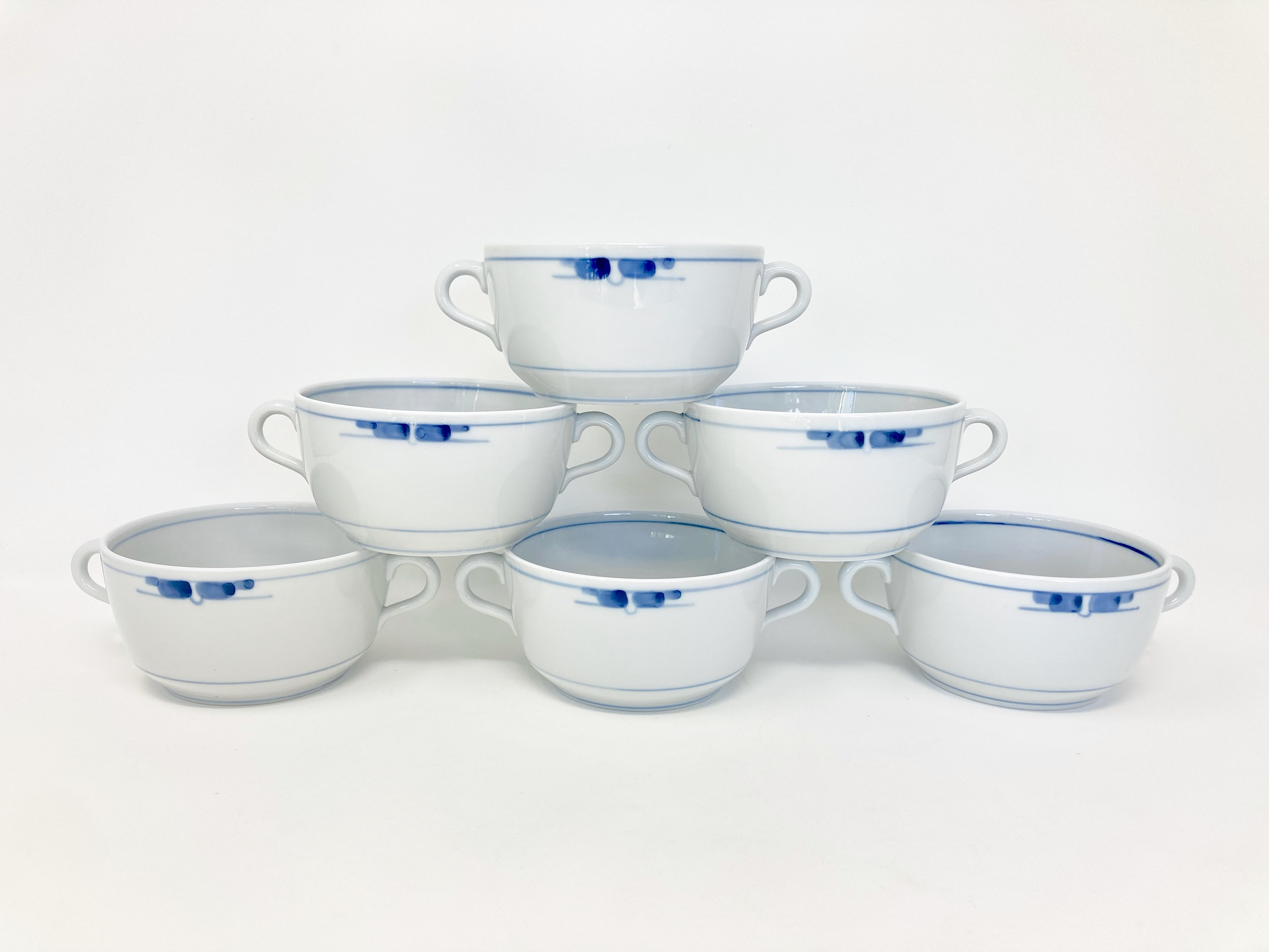 Ensemble de 6 Bols Vintage Danois Soup Consomme Cups Plats Par Royal Copenhagen, Chine Bleue et Blan