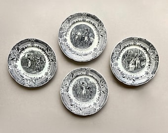 4 assiettes parlantes françaises vintage avec des impressions de transfert feat. Napoléon Bonaparte, Petites Assiettes Anciennes Noir & Blanc par Sarreguemines et Digoin