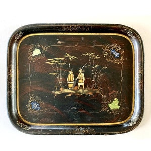Large Antique French Black Metal Tray with Chinoiseries, Decorative Tray with Hand-Painted Asian Inspired Decor in Gold Faux-Wood Background