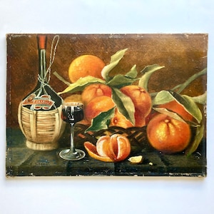 Dipinto ad olio originale francese vintage su tela tesa firmato dall'artista, natura morta di arance e vino rosso, natura morta in cucina