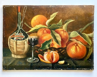 Vintage French Original Oil Painting on Stretched Canvas Signed by Artist, Still Life of Oranges and Red Wine, Kitchen Still Life