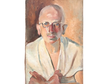Grande peinture à l'huile européenne vintage : portrait d'homme Mid-Century, professeur spirituel
