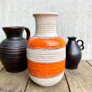Vintage 1960s West German Fat Lava Vase by Scheurich with Orange Stripes, Mid-Century Modern Ceramics, Vintage Art Pottery, MCM Ceramics