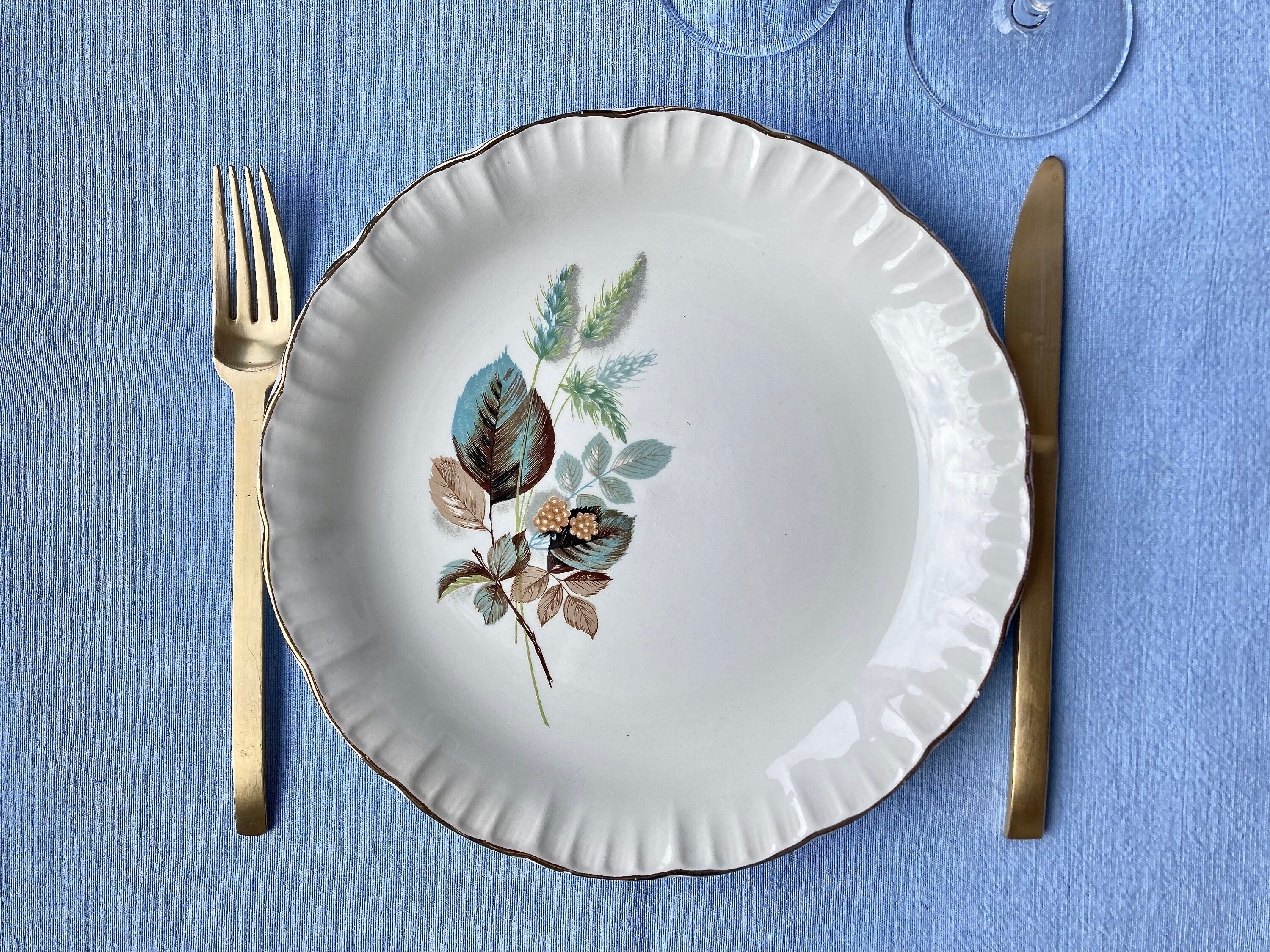 8 Français Assiettes en Porcelaine Du Milieu Siècle Par Digoin & Sarreguemines, Feuillage et Motif d