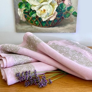 Large Vintage French Embroidered Linen Tablecloth, Pink and Beige Rectangular Tablecloth, Vintage Home Linen, 74 x 58 inches