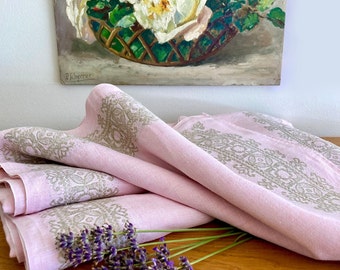 Large Vintage French Embroidered Tablecloth: Pink and Beige Linen