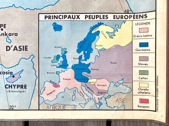 大型ヴィンテージ フランス学校地図: 1960 年代の北米とヨーロッパの