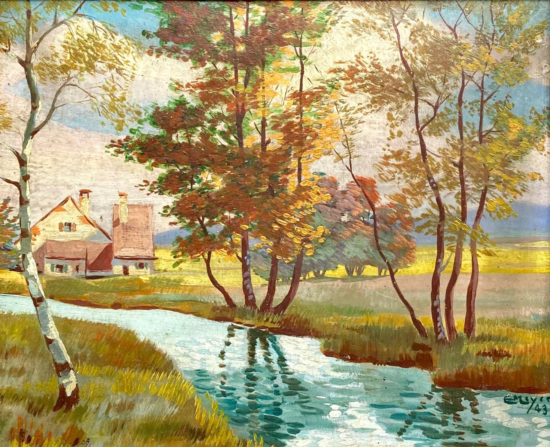 1940年代のヴィンテージフランス油絵：秋の風景画（サイン入り、額入り