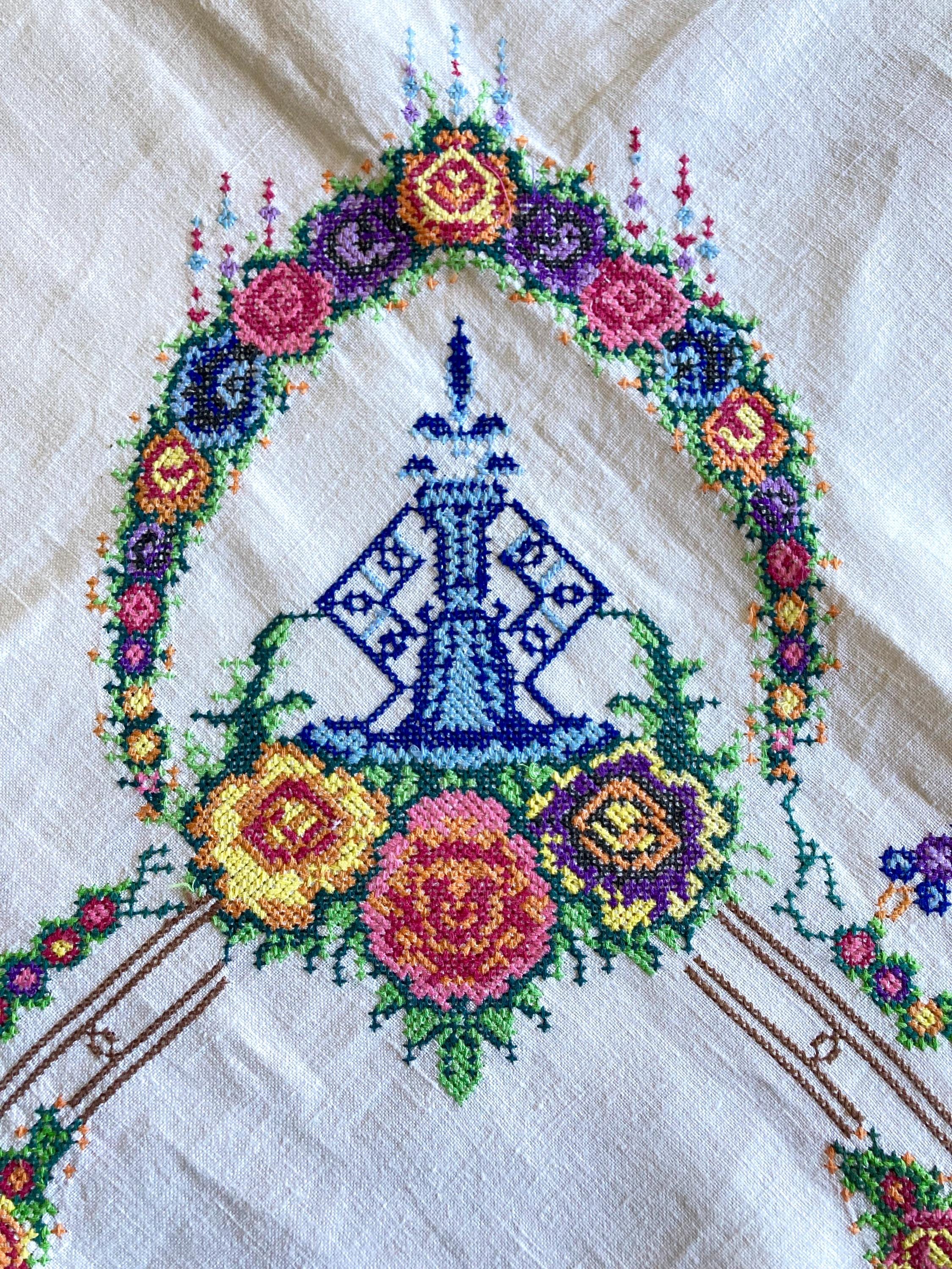 ヴィンテージフランス手刺繍テーブルクロス：カラフルな花柄のクロス