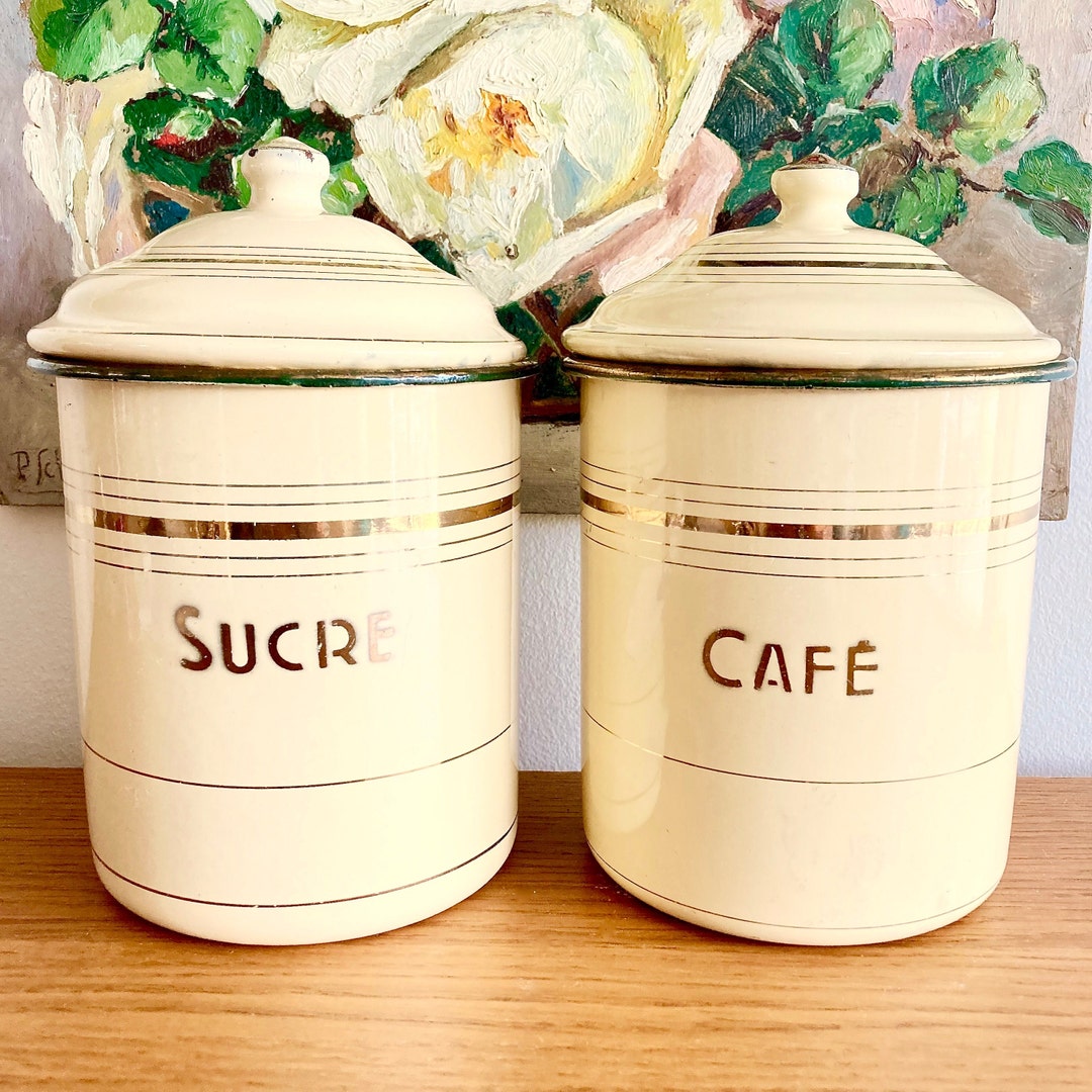 Set of Two Vintage French Enamel Kitchen Jars With Lids, Vintage Enamel ...