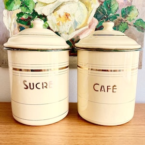 Set of Two Vintage French Enamel Kitchen Jars with Lids, Vintage Enamel Containers for Sugar and Coffee, Vintage Yellow Kitchen Decor