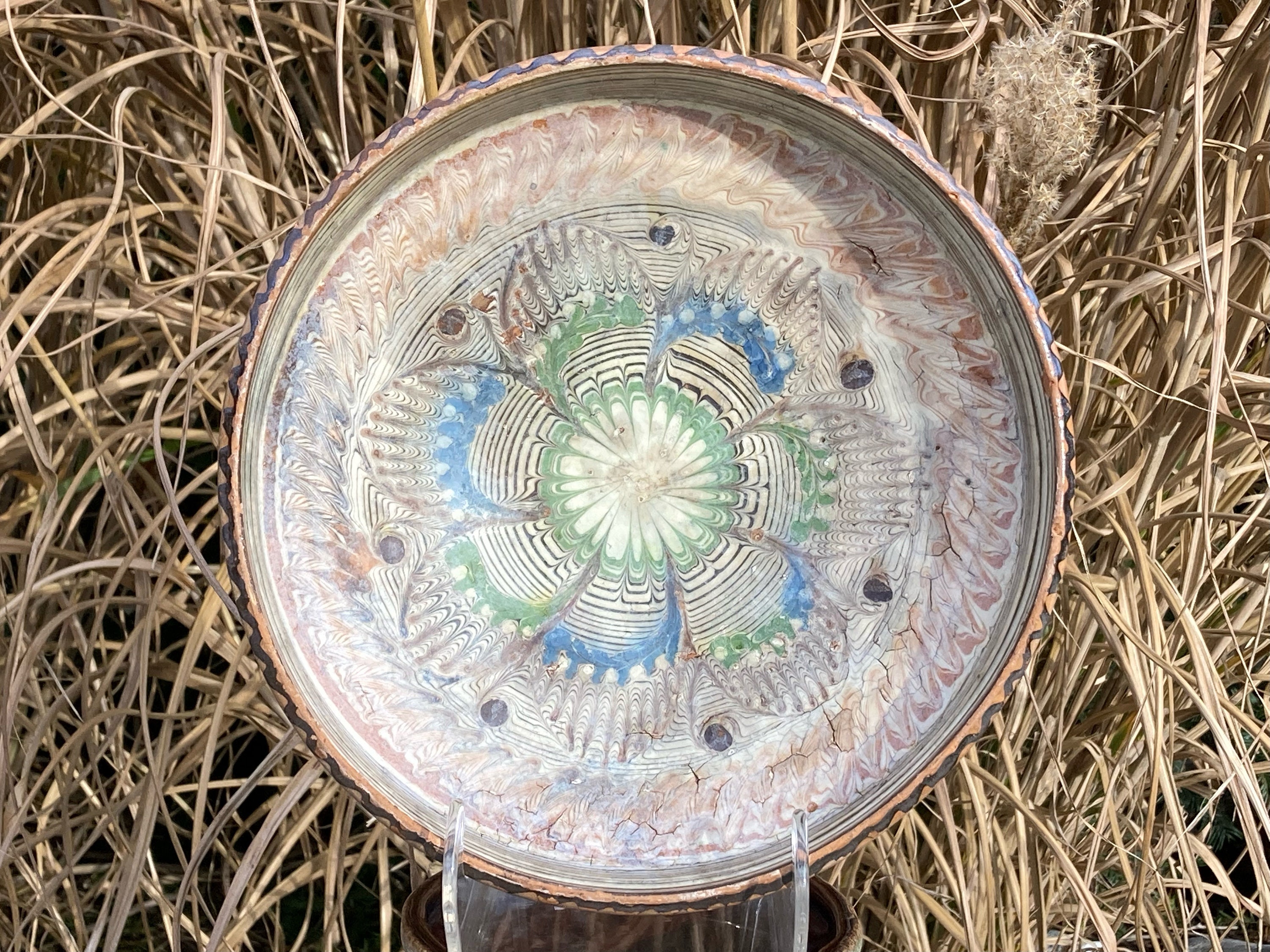 Bol de Poterie Vintage Fait à La Main Signé Par L'artiste, Rustique Émaillée Multicolore