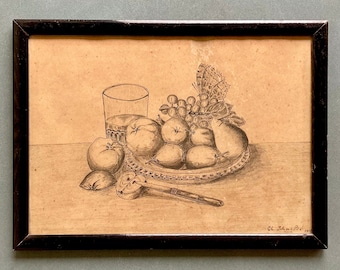 Ancien dessin au crayon original Français signé par l'artiste daté 1919, encadré nature morte de fruits, cuisine nature morte, étude de nature morte