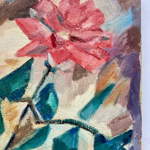 May include: A close-up of a painting of a pink flower with green leaves. The painting is done in a loose, impressionistic style.