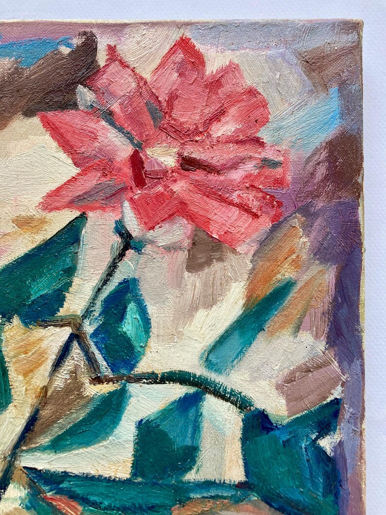May include: A close-up of a painting of a pink flower with green leaves. The painting is done in a loose, impressionistic style.