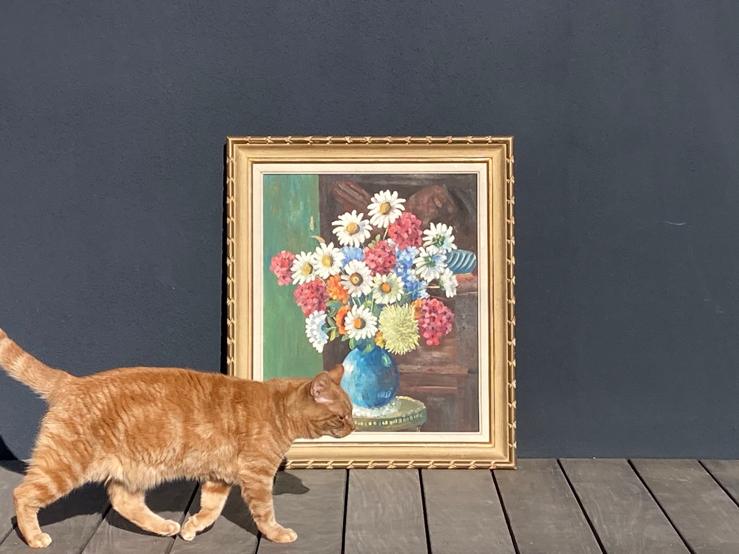1960年代のヴィンテージフランス製オリジナル油絵、額入りカラフルな花