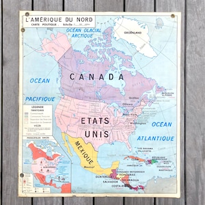 Grande carte française vintage des années 1960 de l'Amérique du Nord et de l'Europe, carte politique du milieu du siècle, affiche éducative recto-verso
