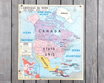 Large Vintage 1960s French Map of North America and Europe, Mid-Century Political Map, Double-Sided Educational Poster