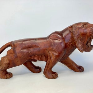 Large Vintage Carved Wooden Sculpture of Tiger, Massive Wood Ornament image 2