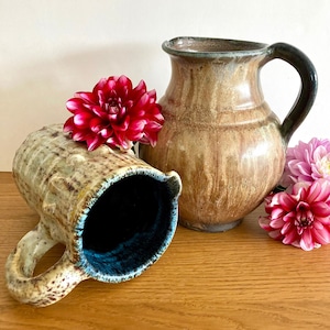 Set of Two Vintage French Hand-Made Ceramic Pitchers Signed by Artists, Rustic Studio Pottery, Drip-Glazed Ceramic Pitchers