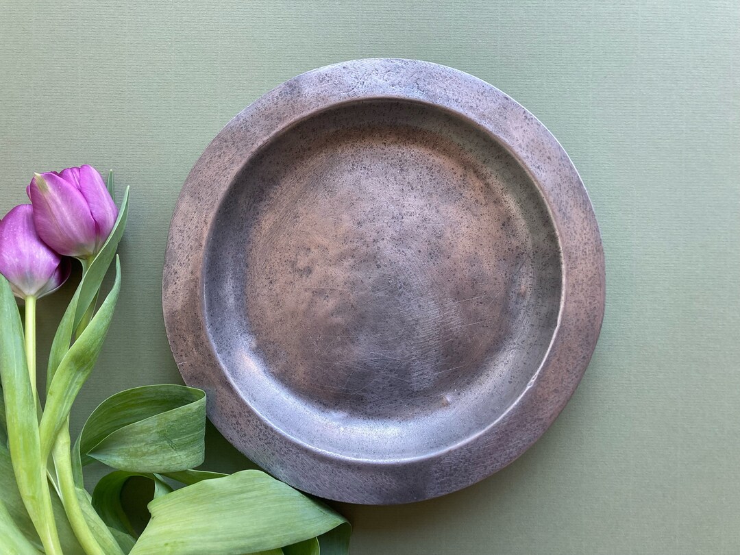 Antique Hand Forged French Pewter Plate With Crown Rose Mark