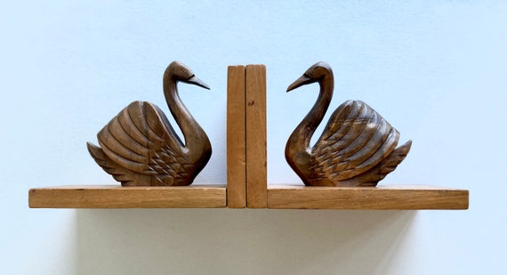 ヴィンテージフランス製手彫り木製ブックエンド：1940年代の白鳥の