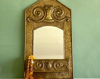 Antique French Embossed Brass Wall Mirror with Storage
