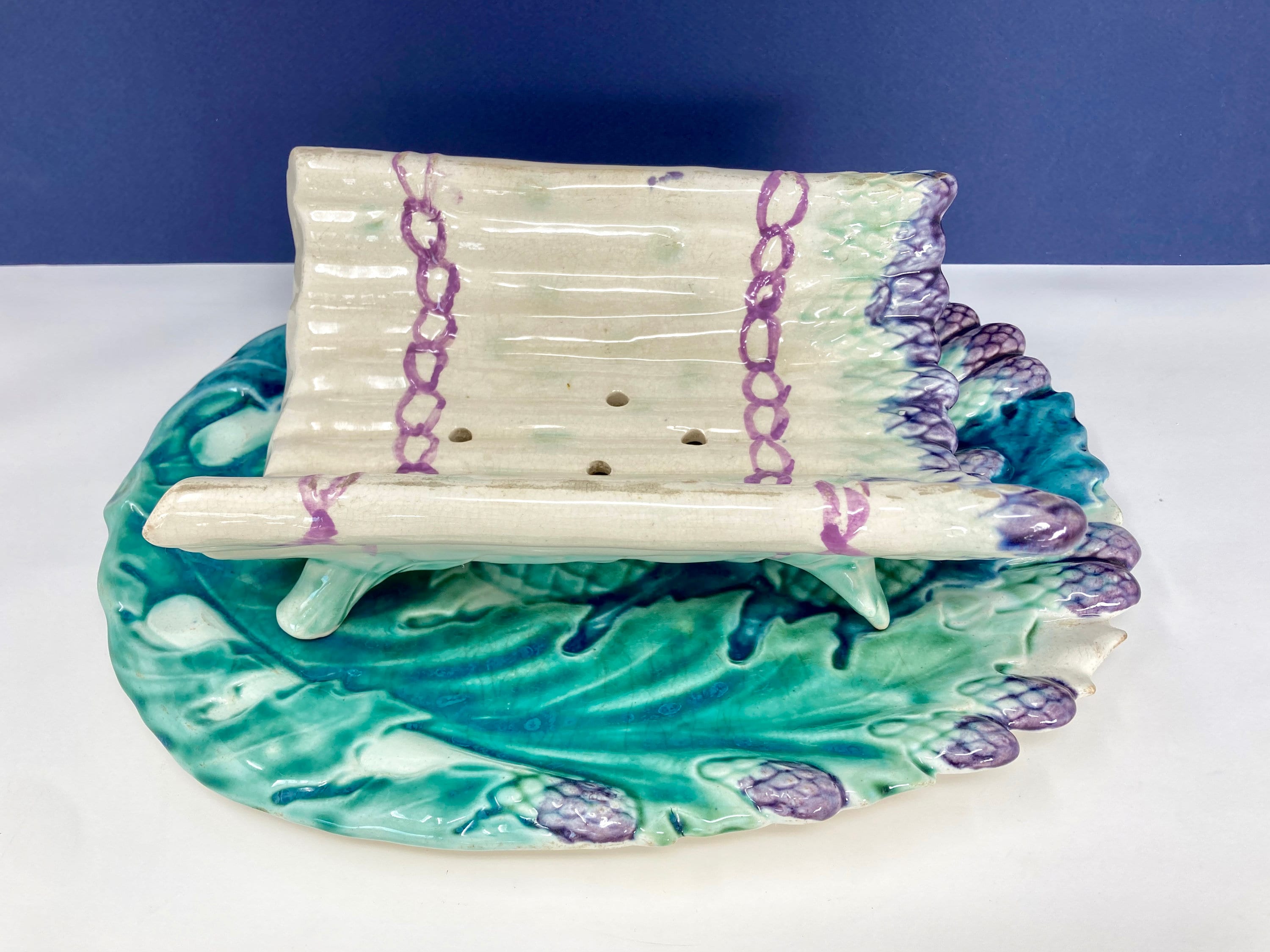 Antique Français Majolica Asperges Servant Ensemble Berceau et Plateau