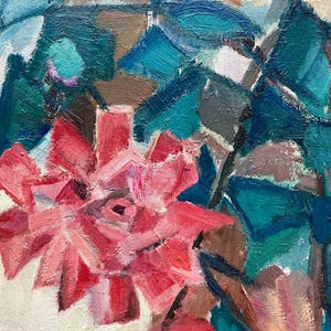 May include: A painting of a pink rose with teal green leaves. The rose is painted in a stylized, abstract style with bold brushstrokes.