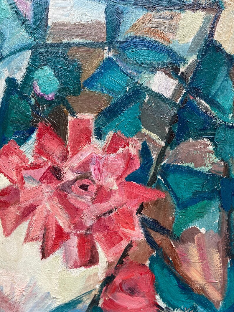 May include: A painting of a pink rose with teal green leaves. The rose is painted in a stylized, abstract style with bold brushstrokes.