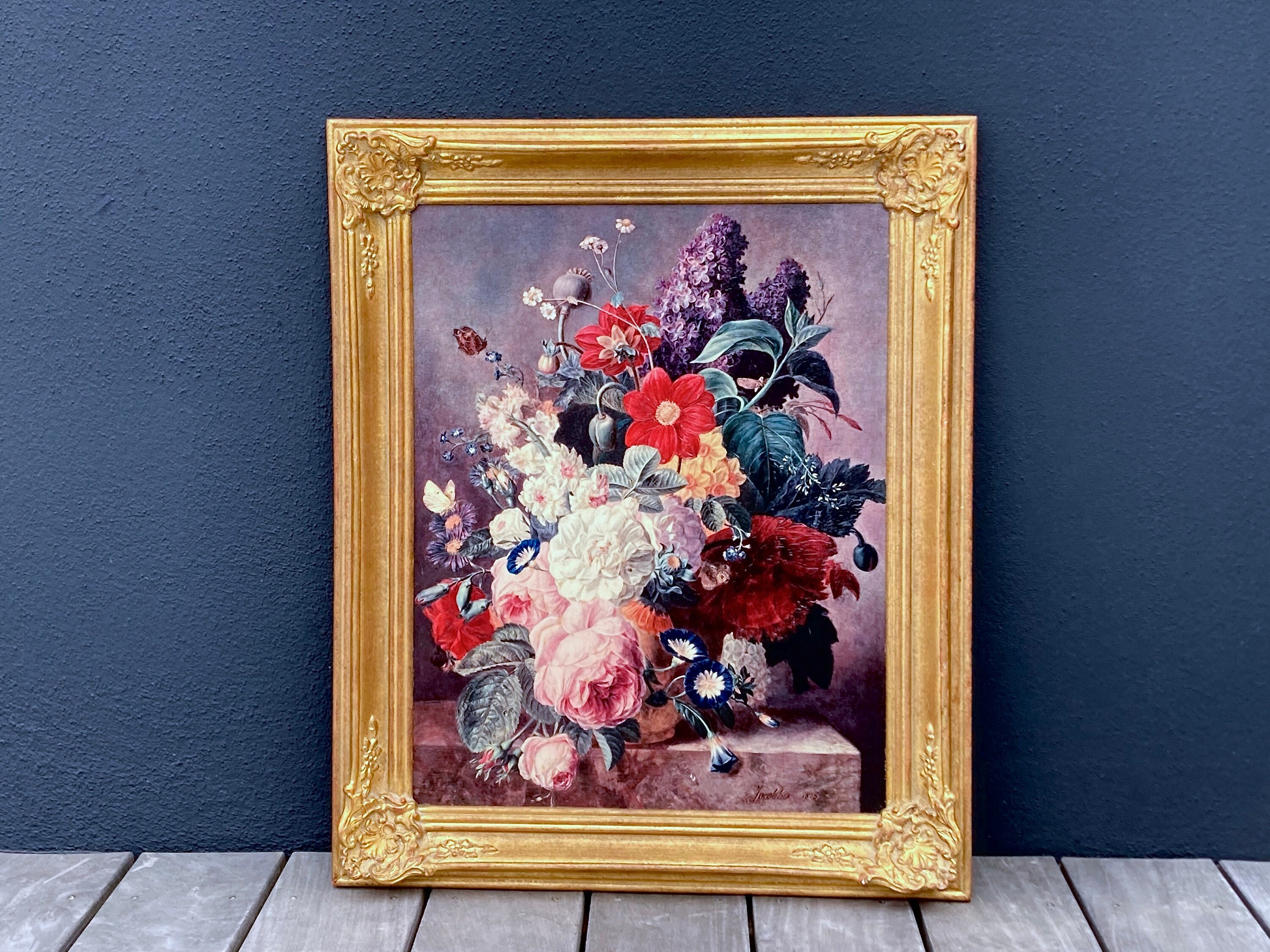 Vintage French Floral Painting Reproduction in Gilded Wood Frame