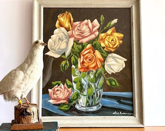 Large Vintage French Original Watercolor Signed by Artist: Framed Floral Still Life of Roses