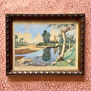 Small Vintage French Watercolor Painting: 1920/30s Framed Landscape