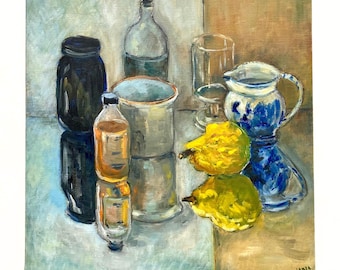 Vintage French Still Life Oil Painting: Kitchen Art, Signed & Dated
