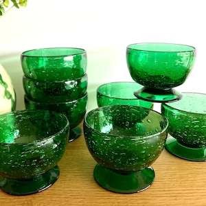 Set of 8 Vintage German Footed Green Glass Bowls, Desert Bowls in Handblown Moulded Green Bubble Glass
