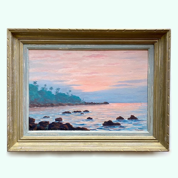 Grande peinture à l'huile originale française vintage de Basse-Guinée, paysage tropical encadré, lever de soleil sur le rivage de l'océan, paysage africain