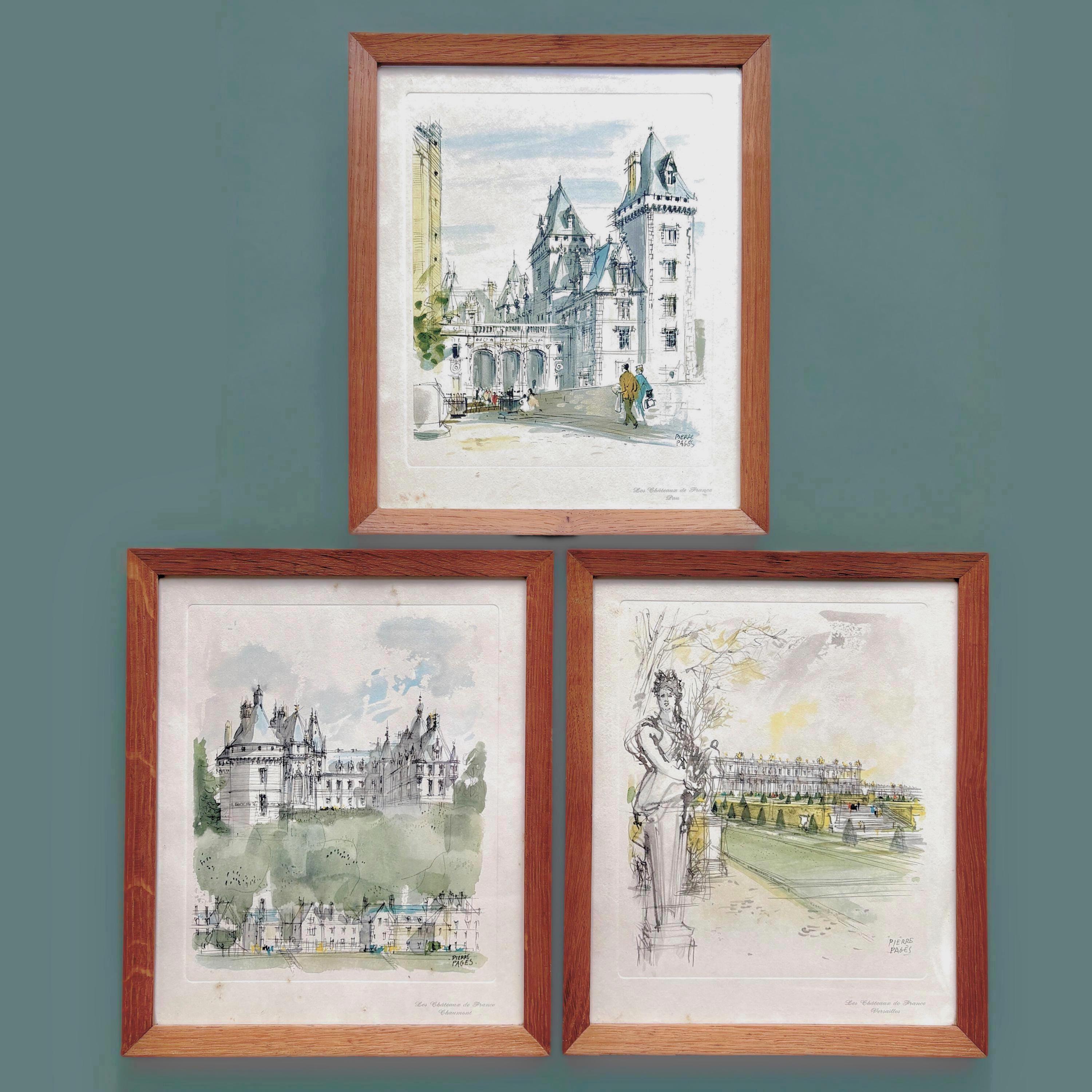 水彩画　PIERRE PAGES 　フランス Set of 3 Vintage Franche Framed Lithographs: 1960s Chateaux
