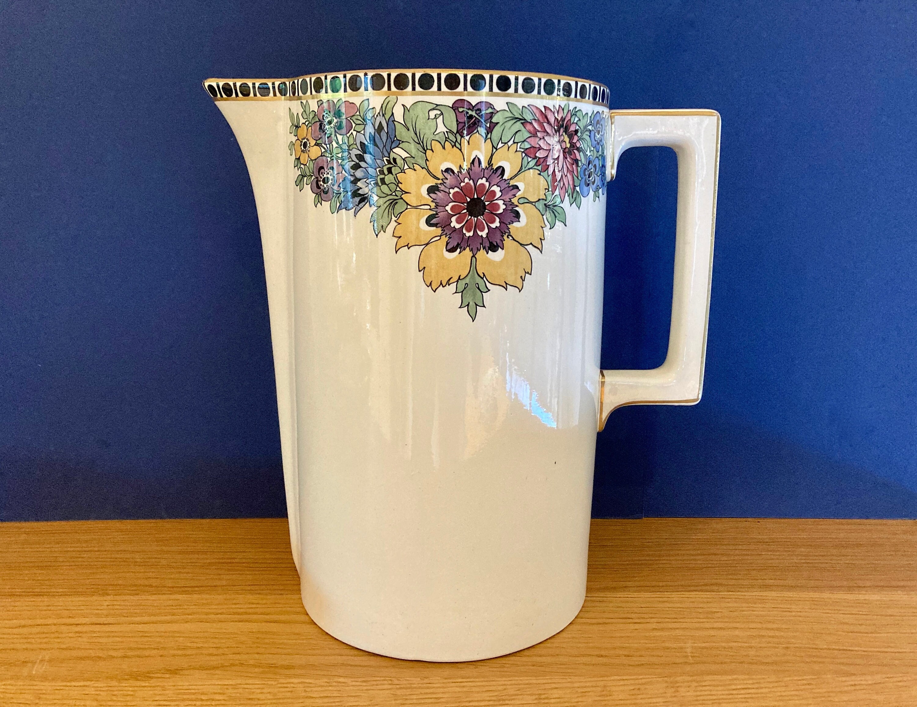 Grande Cruche d'eau Vintage Français en Céramique Par Utzschneider & Cie. à Sarreguemines, Flower De