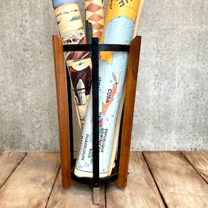 Mid-Century Modern Umbrella and Walking Stick Stand in Wood and Ironware, MCM Umbrella Holder, 1950s Entry Decoration