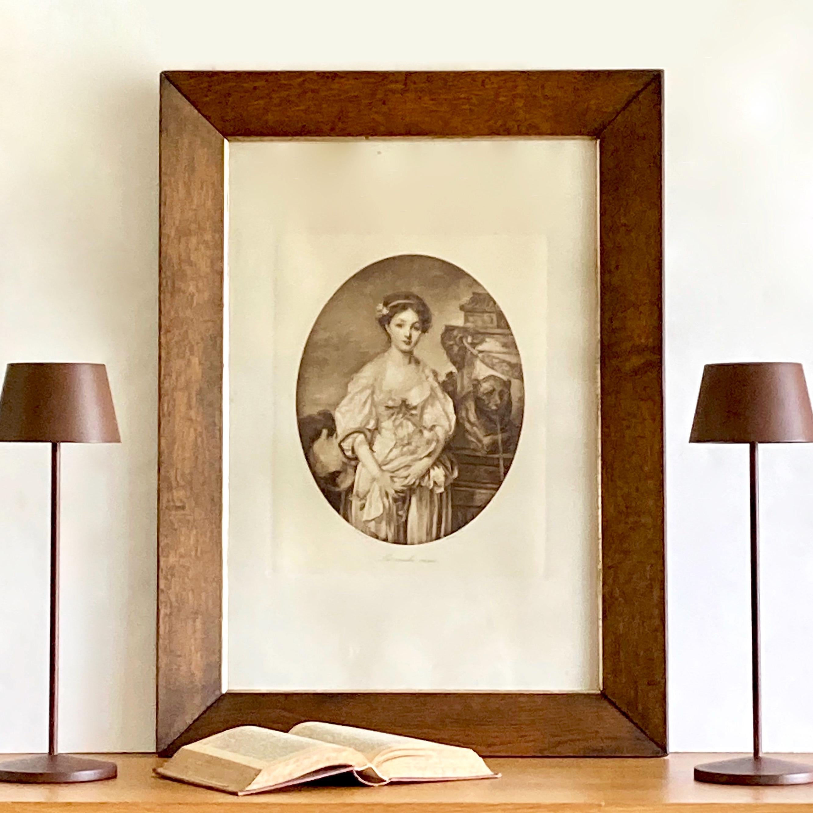 大型アンティークフランス版画：オーク材の額縁に入った少女の肖像画