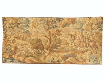Large Vintage French Woven Tapestry: Textile Wall Hanging with Hunting Scene