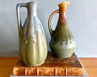 Par de jarrones de cerámica francesa vintage de Denbac: Cerámica artística con esmaltado por goteo Art Nouveau