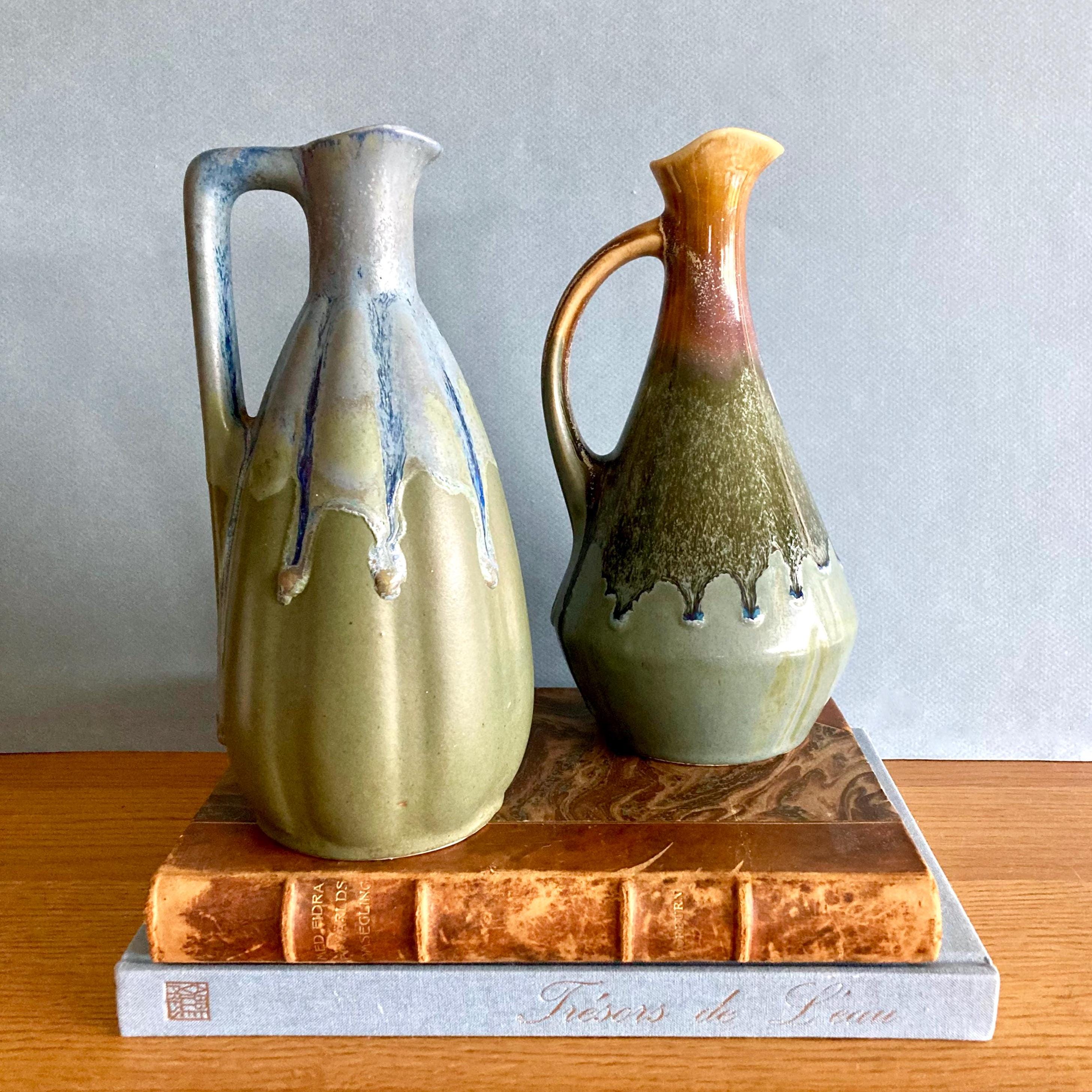 Pair of Vintage French Ceramic Vases by Denbac: Art Nouveau Drip