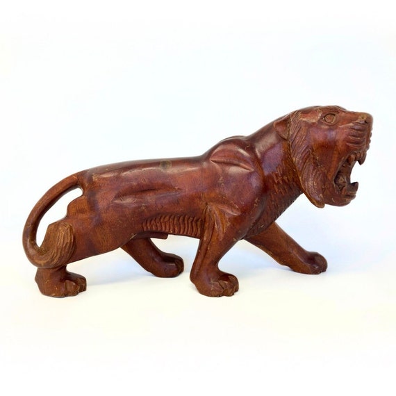 Large Vintage Carved Wooden Sculpture of Tiger, Massive Wood Ornament