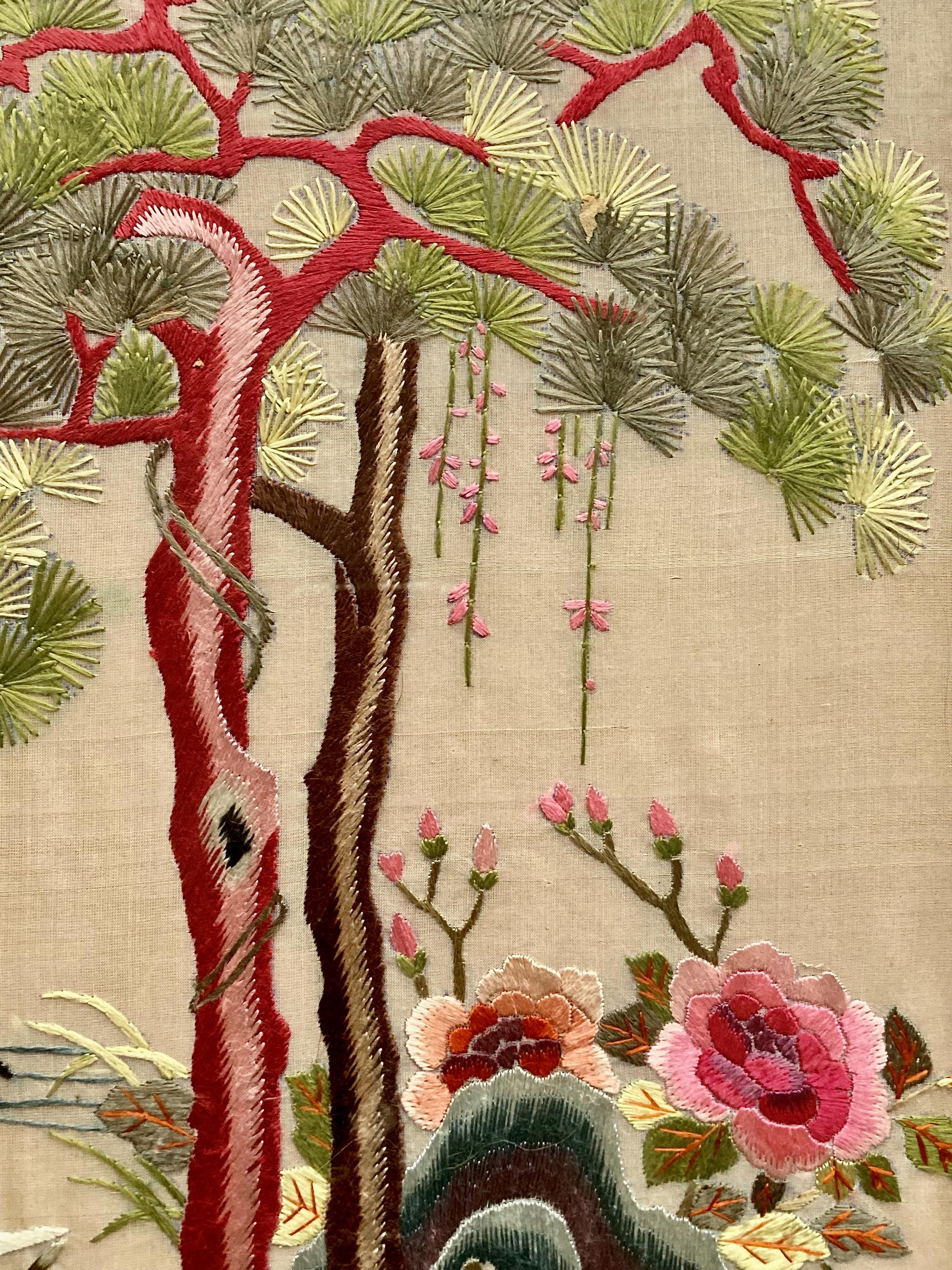 Vintage Hand-embroidered Wall Hanging, Framed Asian Wall Art